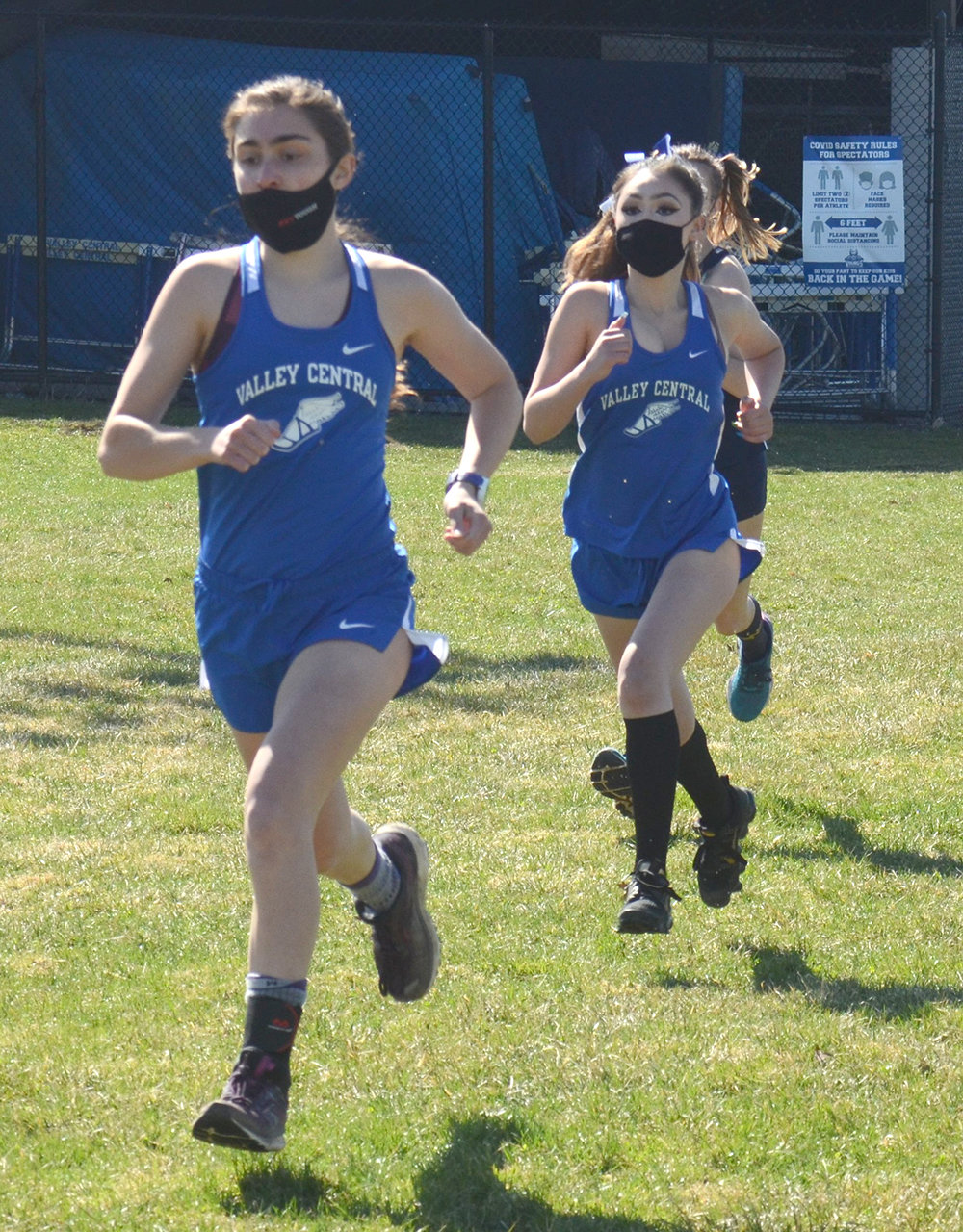 Valley Central’s Kelly O’Connor and Lucy Campay run at the start of Tuesday’s cross country race at Valley Central High School in Montgomery.